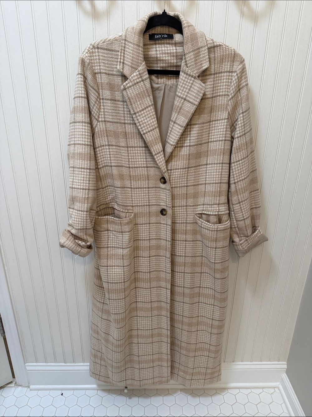 fab'rik Tan & Cream Plaid Long Trench Coat